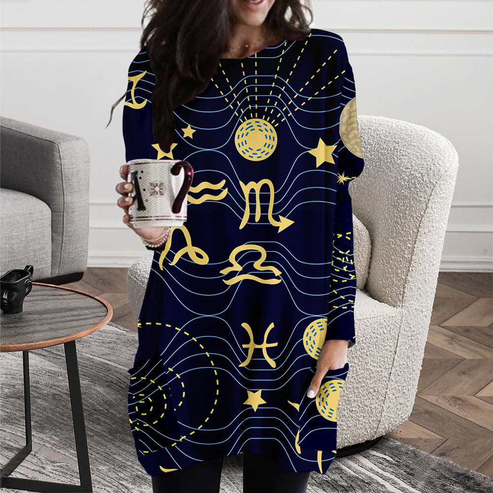 European and geometric starry sky printing spring and autumn long pocket T-shirt female elements round neck loose and comfortable home service, Black;gray
European and geometric starry sky printing spring and autumn long pocket T-shirt female elements round neck loose and comfortable home service, Black;gray