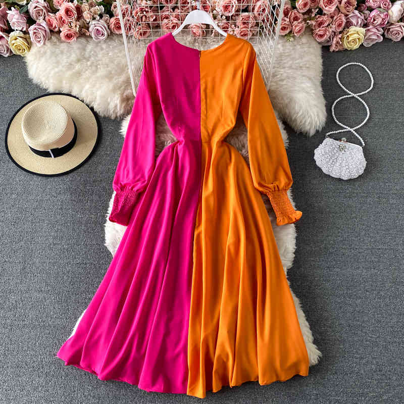 New Spring Summer Fashion Color Block Holiday Dress Women Lantern Sleeve V-Neck Contrast Fold Crossing Ladies Long Dress 210409