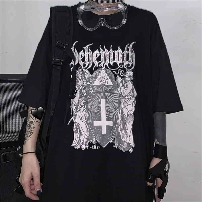 QWEEK Goth Harajuku Tshirt Emo Style Mall Goth Tops Summer Punk Rock Gothic Graphic T Shirts Streetwear Black Tops Clothes 210406