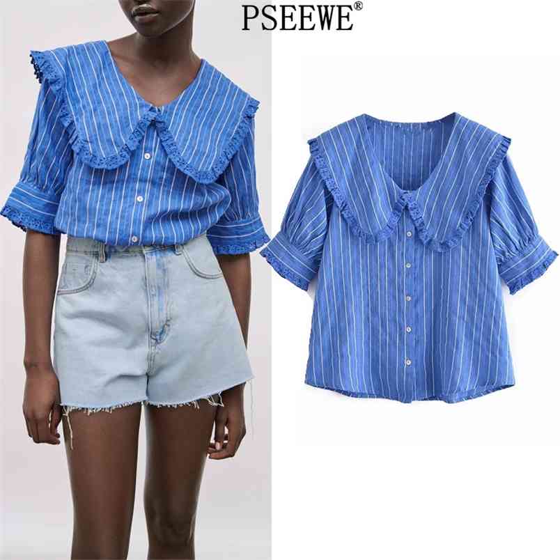 Women's Shirts Cutwork Embroidery Blue Striped Female Peter Pan Collar Short Puff Sleeve Button Up 210519
Women's Shirts Cutwork Embroidery Blue Striped Female Peter Pan Collar Short Puff Sleeve Button Up 210519