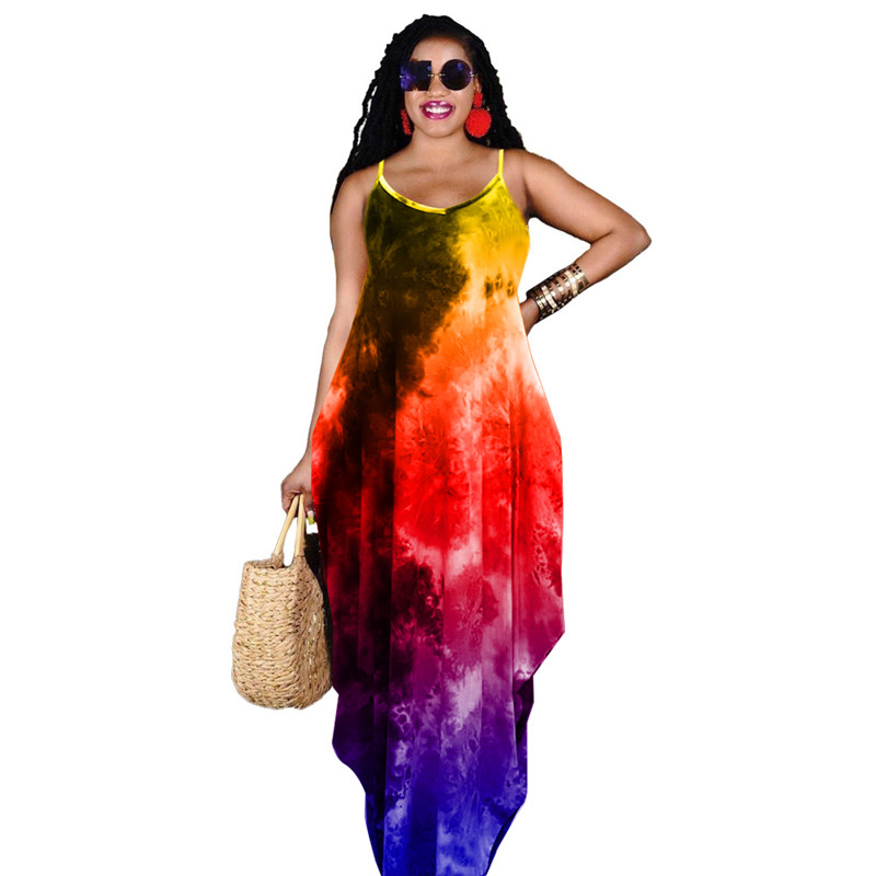 Tie dye Summer Women Maxi Dresses one-piece dress Casual loose skirts Fashion girls Beach wear Plus size S-2XL Floor-length long skirt 4958
