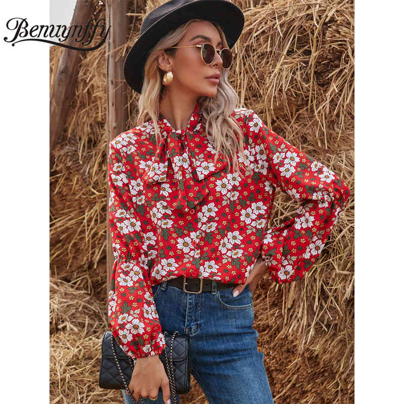 Bow Tie Neck Floral Print Button Up Shirt Women Spring Lantern Long Sleeve Office Casual Ladies Tops and Blouses 210510