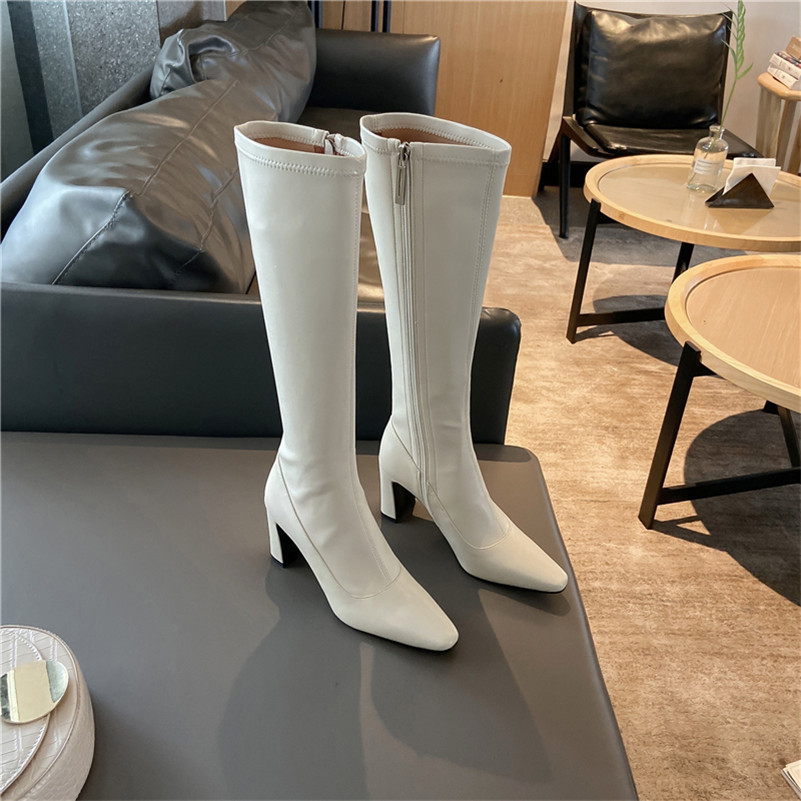 Meotina Genuine Leather High Heel Stretch Boots Women Knee High Boots Shoes Pointed Toe Block Heels Zip Long Boots Beige 33-43 210520