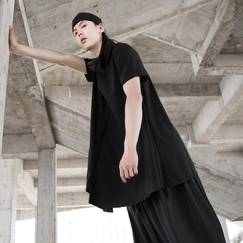 Yamamoto Style Dark Mid-long Irregular Asymmetrical Casual Neutral Short-sleeved Shirt Summer Men's Shirts