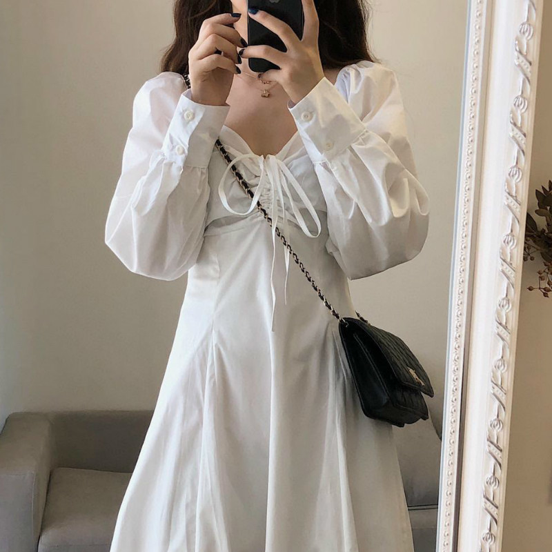Elegant White Dress Women Casual Long Sleeve Vintage Fairy Midi Dress Draped Lace-Up Slim Dress Korean Autumn 210521