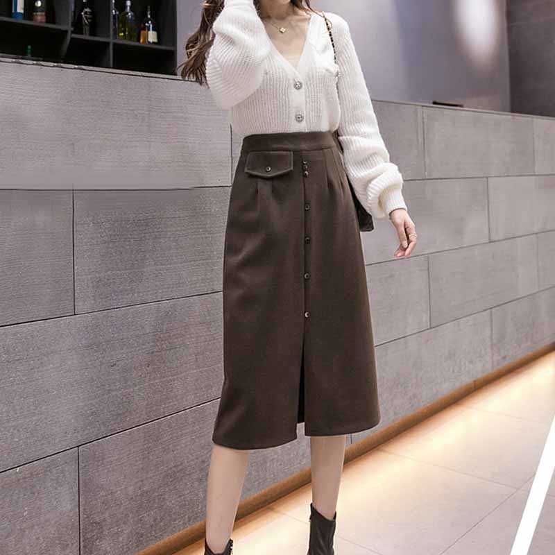 High Waist Slim Mid-length Fashion Woolen H-line Skirt Female Side Slit Single Breaste Hip Woman Faldas 12132 210508