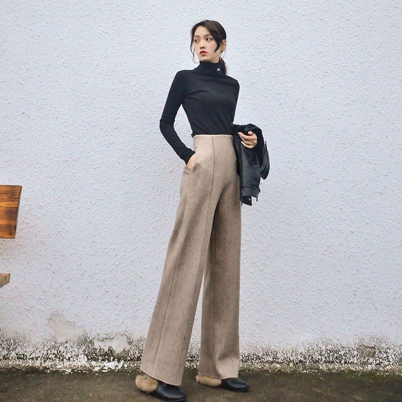 Autumn Winter Korea Fashion Women High Waist Woolen Wide Leg Pants All-matched Casual Solid Loose Femme Trousers V278 210512