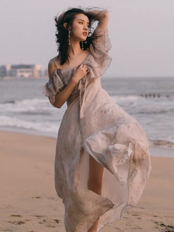 Women Slim Ruffle Maxi Sundress Fairy Elegant Party Vacation Tropical Beach Straps Dress Vintage Korean Runway Vestidos 210421