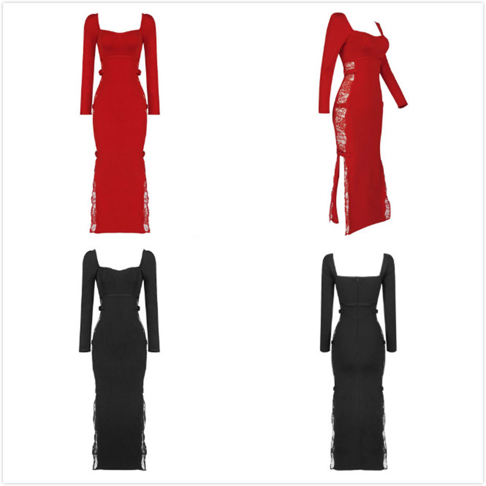 Free Autumn Women Midi Dress Sexy Lace Stitching Split Long Sleeve Bodycon Knit Club Party Vestido 210524