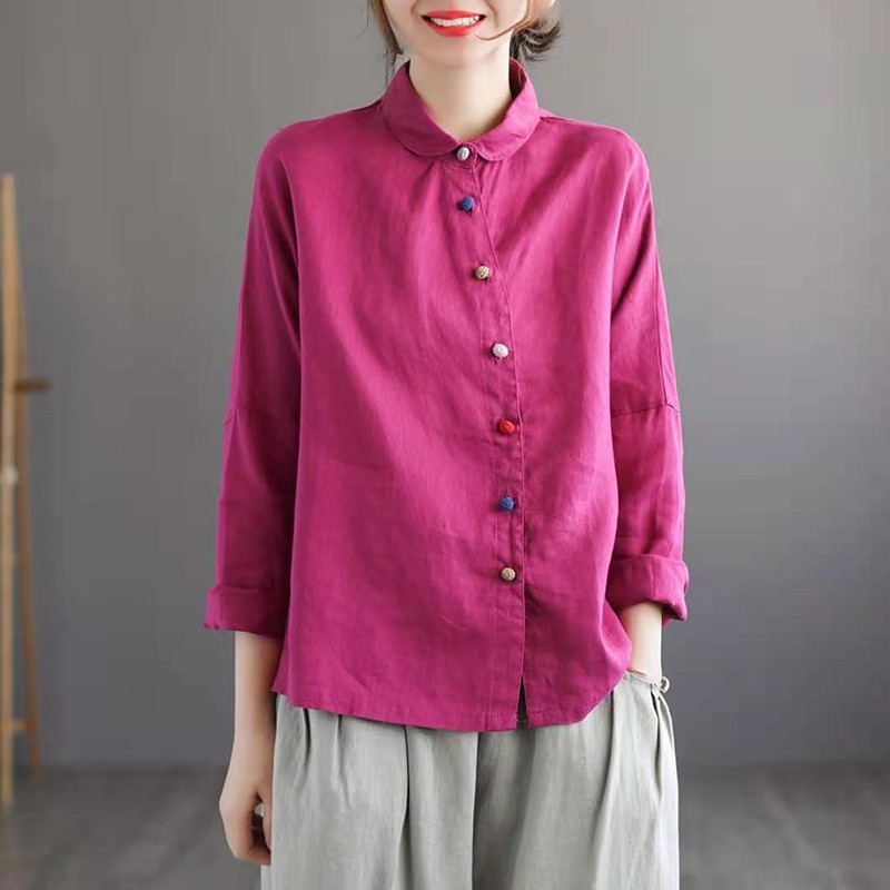 Arrival Spring/autumn Women Loose Casual Long Sleeve Peter Pan Collar Blouse Single Breasted Cotton Linen Shirts W198 210512