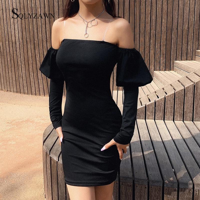 Sexy Off Shoulder Black Long Sleeve Bodycon Dress Female Fall Backless Lantern Short Vestidos Elegant Party Casual Dresses