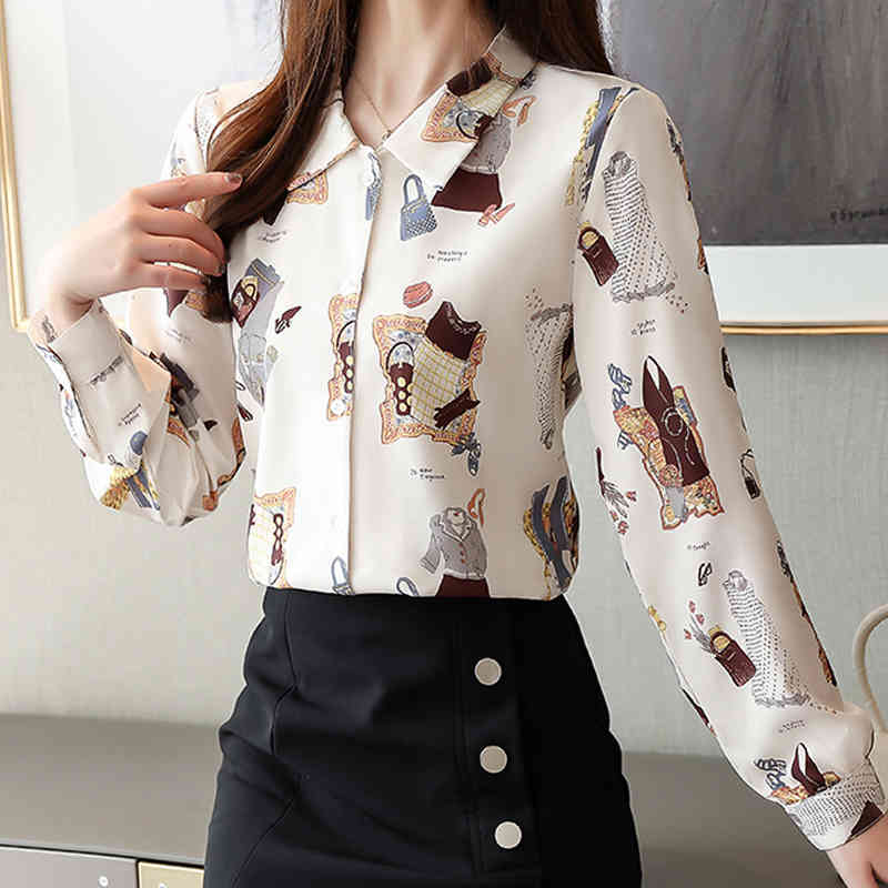 Korean Styele Women Blouses and Tops Blusas Mujer Chiffon Blouse Print Button Long Sleeve Shirts for 7129 50 210506