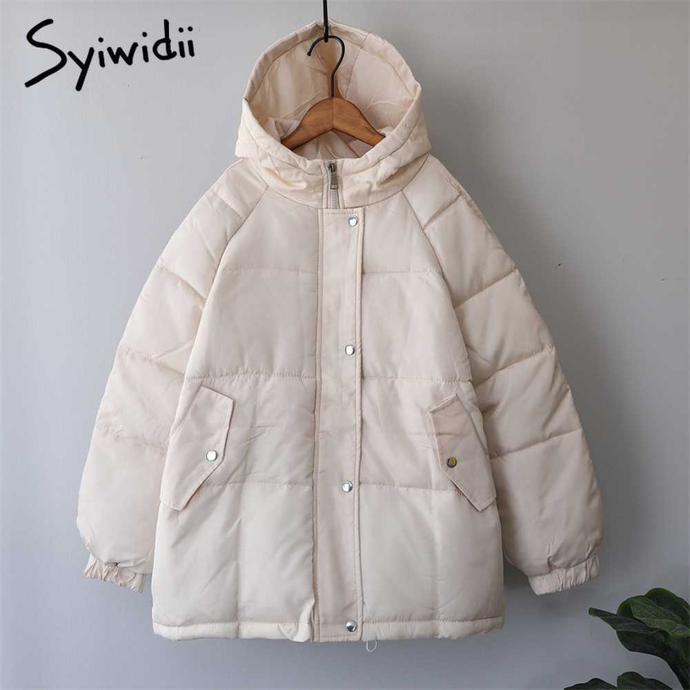 Syiwidii Women's Autumn Jacket Winter Coat with A Hood Korean Fashion Oversized Streetwear Khaki Parka Elegant Outerwear 211013