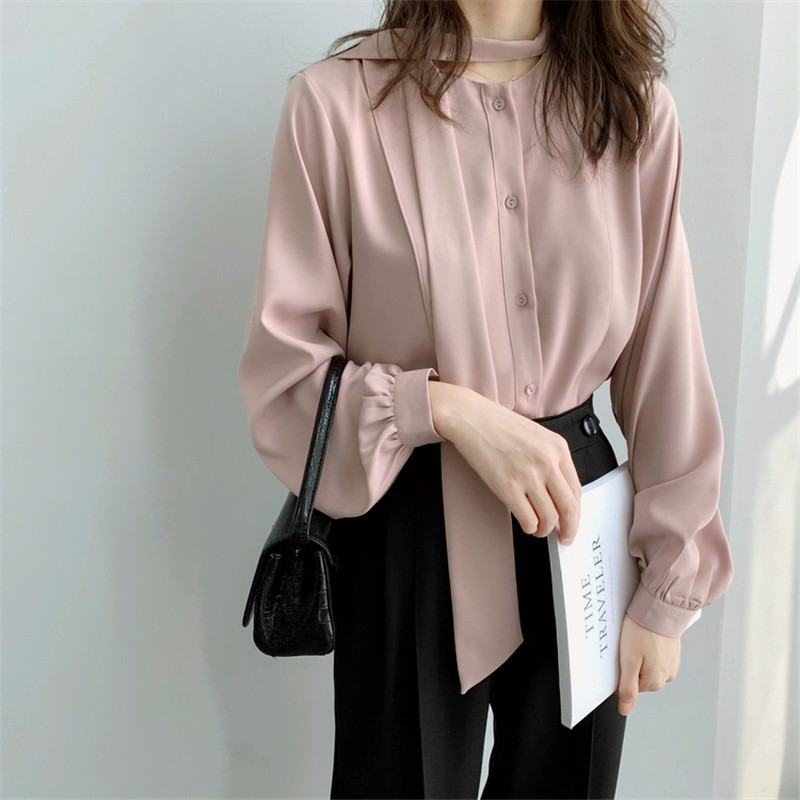 Basic Shirt Women Autumn OL Elegance Chic Chiffon Blouses Long Sleeve Lace Up Bow Collar All Match Loose Shirts 210421
