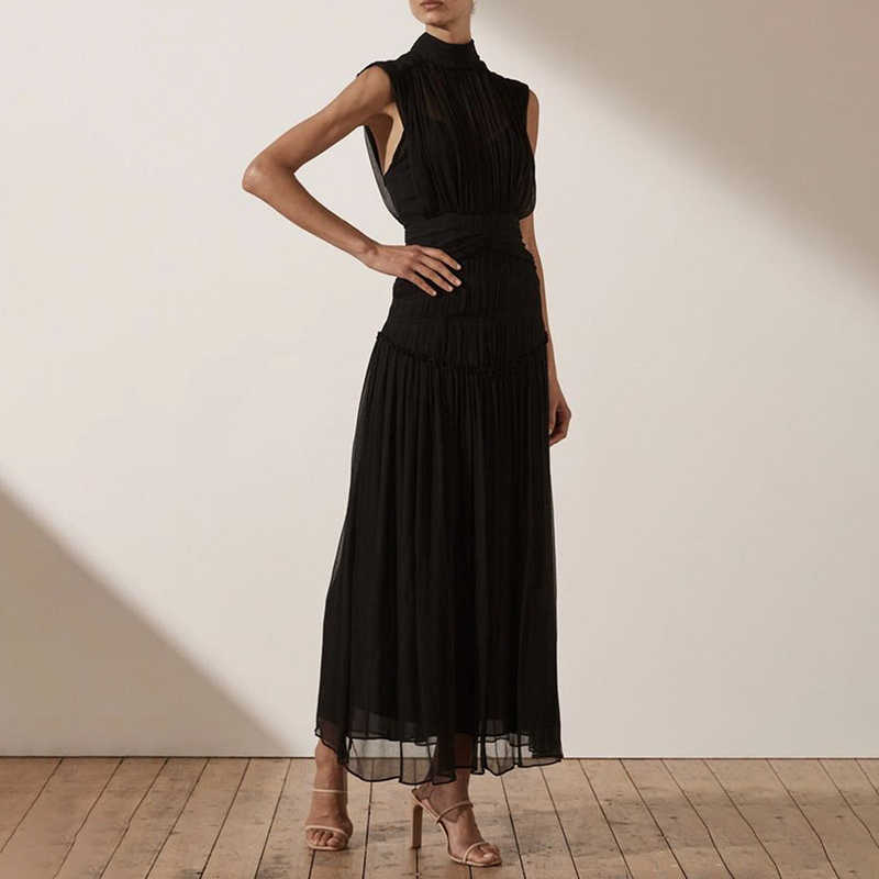 VGH Chiffon Ruched Dress For Women Stand Collar Sleeveless High Waist Maxi Dresses Female Summer Fashion Clothing 210623