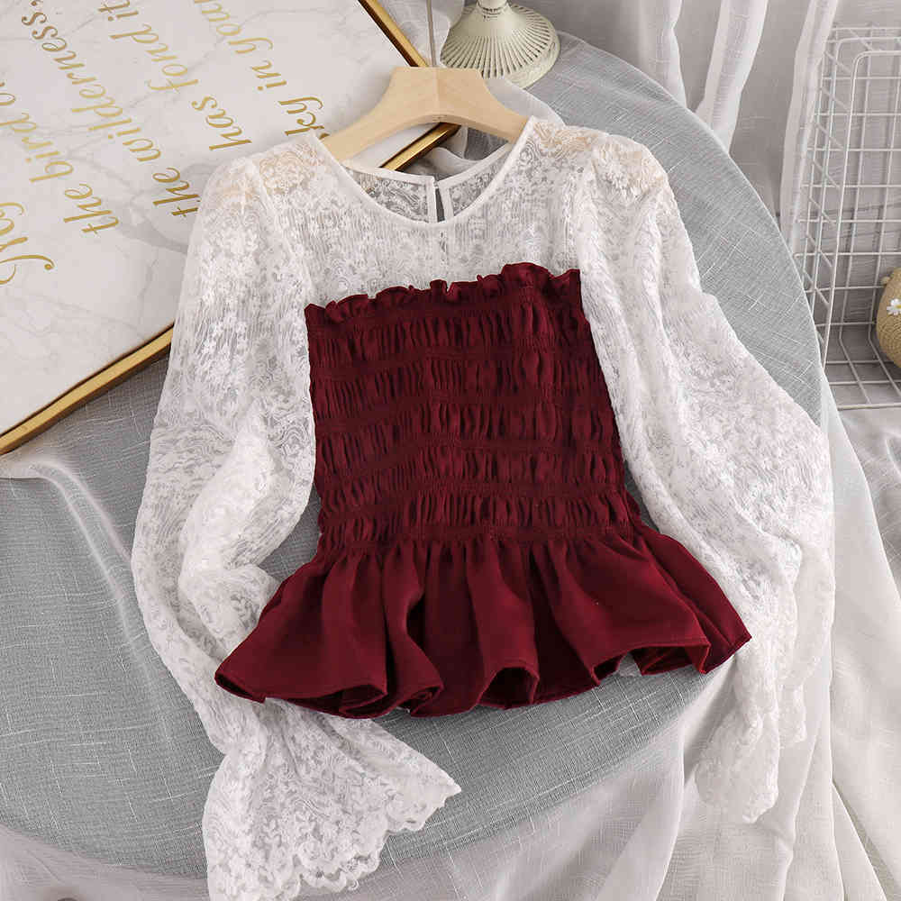 Elegant Shirt Fashion Office Lady Tops Korean Style Women Lace Sleeve Patch Blouse Feminina Pleated Ruffle Blusas 210519