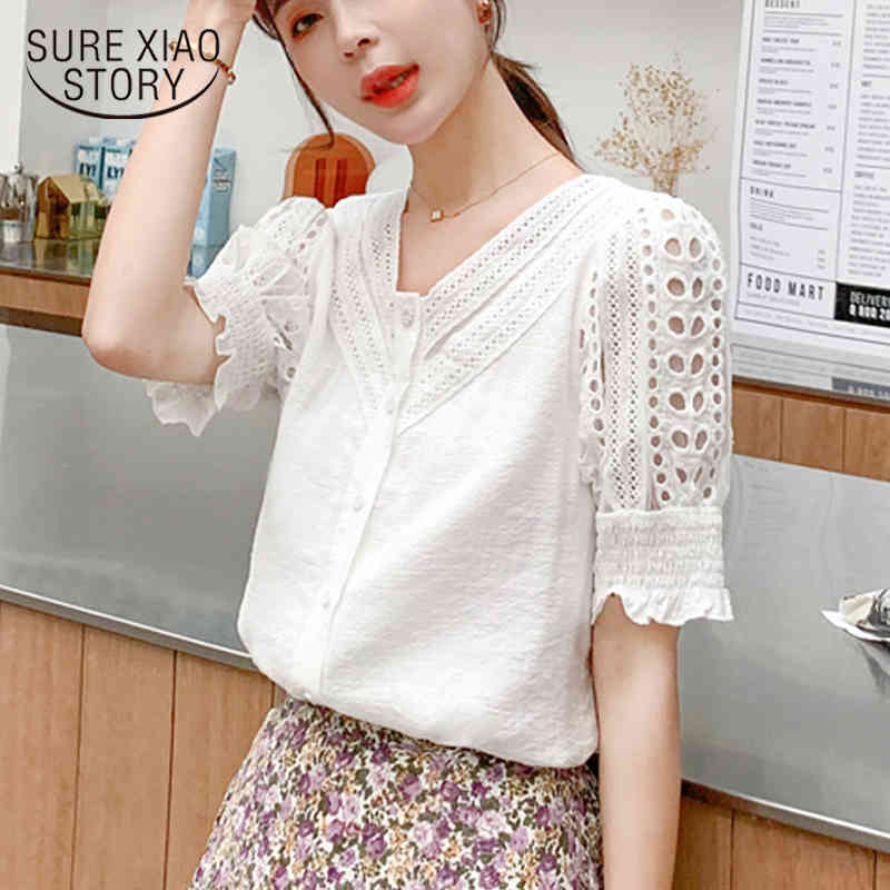 Blusas Mujer Summer V-neck Chiffon Shirt Casual Short Sleeve White Women Blouse And Tops Hollow Out Clothing 9556 210415