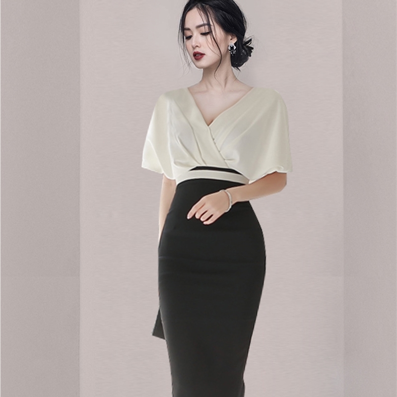 Women Office OL Slim Bodycon Short Sleeve Pencil Work Dresses Vestidos Ladies High Waist Hit Color Party Dress Female 210519