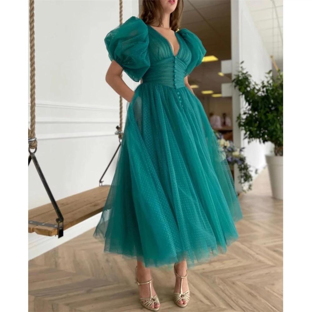 Prom Teal Vintage Dree With Pocket Short Sleeve Deep V Neck Cutom Made A Line Tea Length Plu Size Evening Party Gown Formal Ocn Wear Vetido