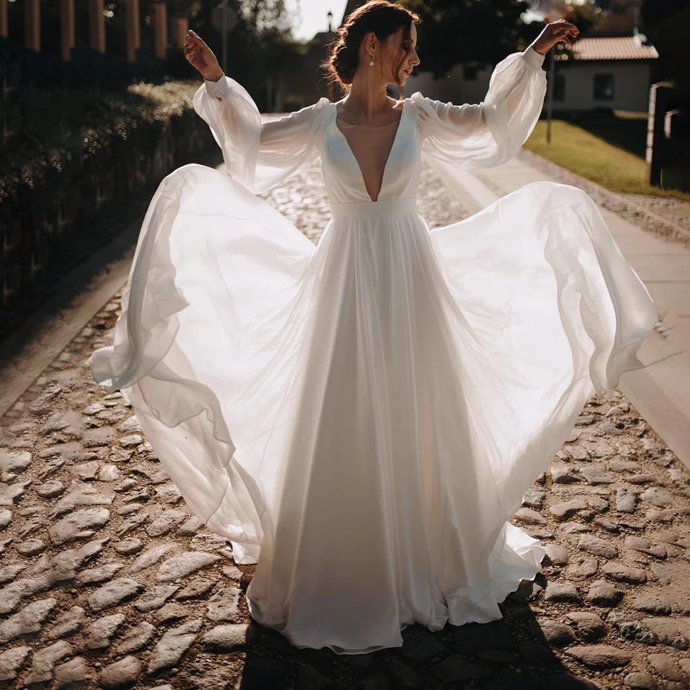 Beach Boho Wedding Dresses Bride Gown Long Sleeves Chiffon Sexy Deep V Neck Sweep Train Custom Made Plus Size Vestidos De Noviacountry estidos