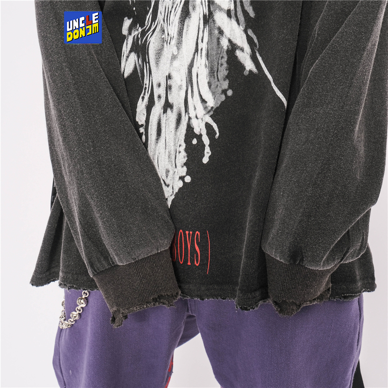 UNCLEDONJM Graphic t shirs Damaged vinage Hip Hop Long sleeve shir oversized shir Sreewear Harajuku Ripped Tees 220309
