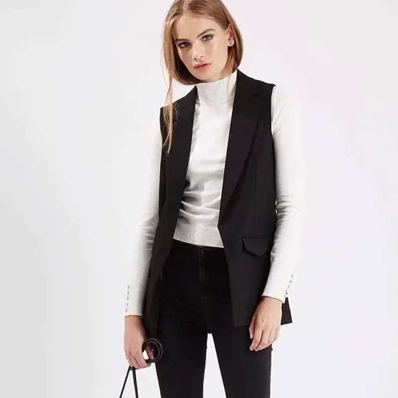Bella blazer casual women vest waistcoat women long suit vest female jacket coat black pockets office lady 210819