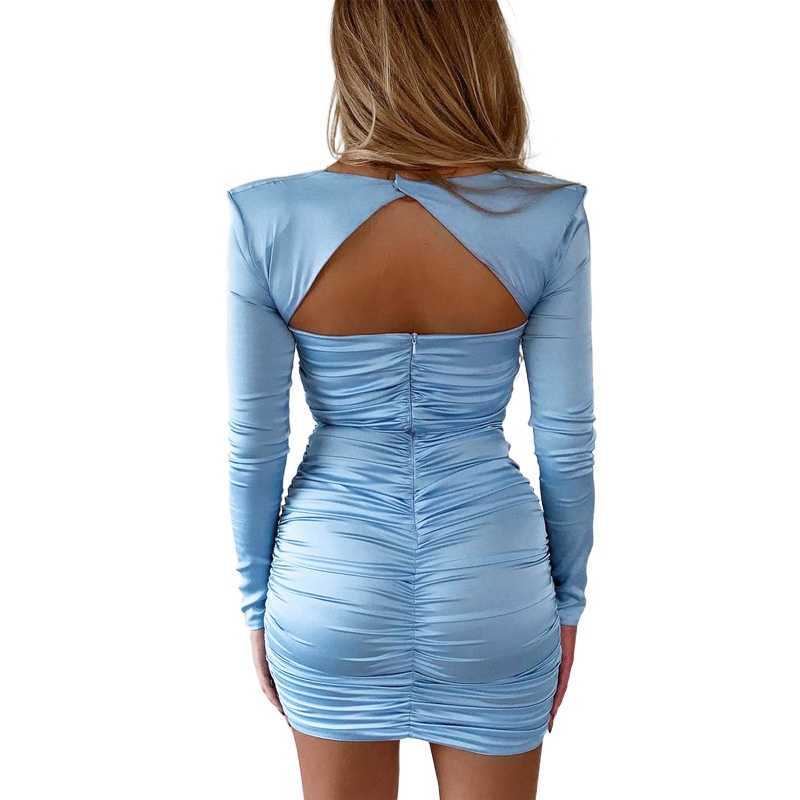 Shoulder Pad Hollow Out Backless Ruched Butt Zipper Women Squarer Neck Long Sleeve Mini Dress Satin Elegant Bodycon Office 210604