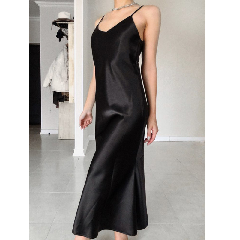 Unireal Summer Women Satin Slip Dress Spaghetti Strap Gold Black Silk Sexy Long Mermaid Party Dress 210409