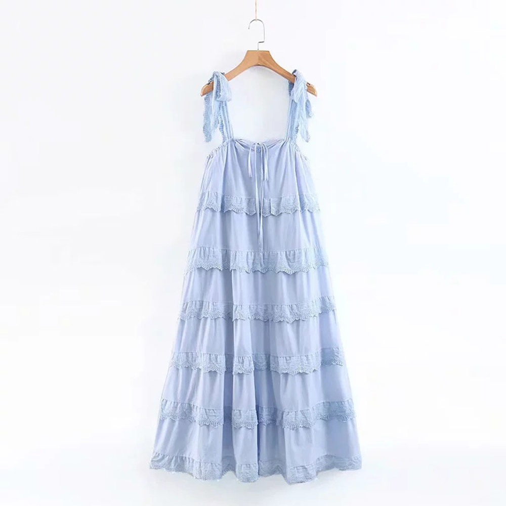 Women Vintage White Maxi Long Dress Elegant Strap Cascading Backless Ruffle Loose Midi Dress Casual Sweet Lace Vestidos 210518