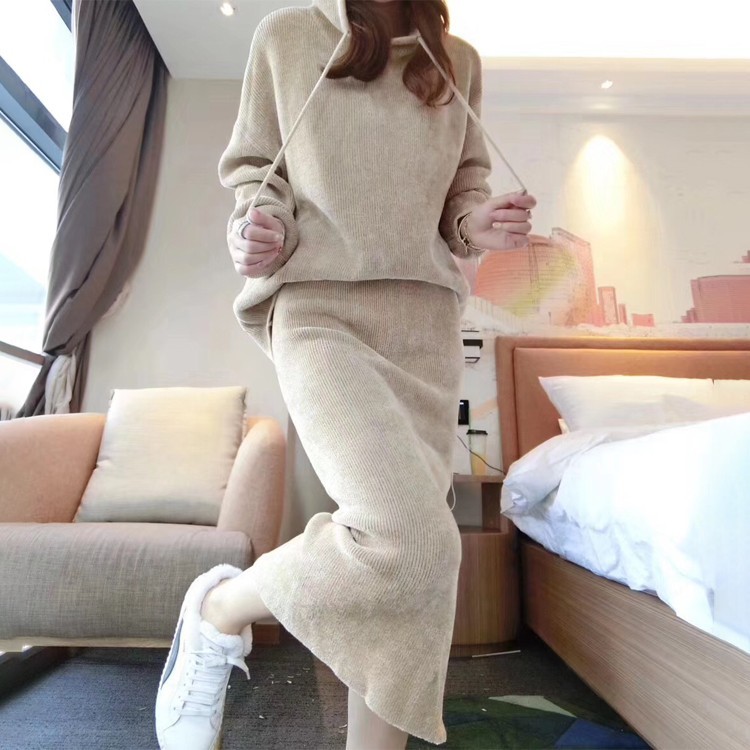 Fashion Autumn Women Two Piece Set Ladies knitting Hooded pullover Tops+high waist Midi Skirt Casual 210519