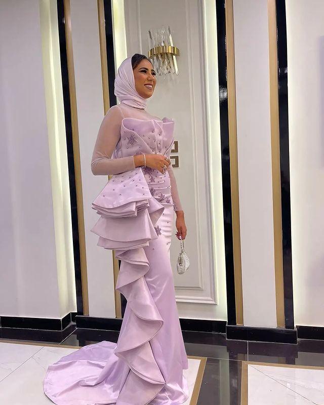 Lavender Lilac Muslim Evening Formal Dresses 2022 Ruffles Skirt Long Sleeve Lace Beaded Satin hijab Caftan Prom Reception Gown