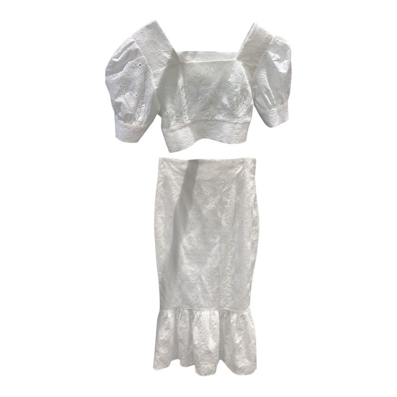 Temperament Fashion Summer White Square Neck Lace Blouse Short High Waist Wrap Hip Mermaid Skirts Slim Matching Sets Dress Sexy 210429