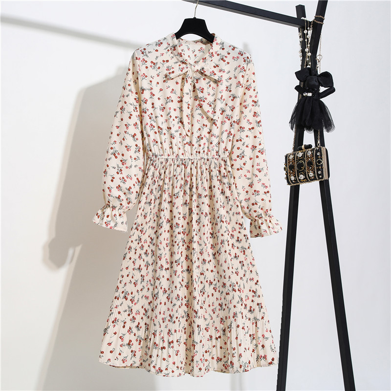 Women Casual Autumn Winter Dress Long Sleeve Bow Collar Lady Korean Style Vintage Floral Printed Chiffon Shirt Long Dresses 210409