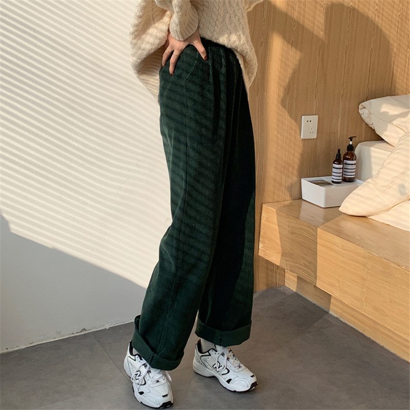 OL Elegant Minimalist High Waist Straight Corduroy Pants Women Spring Autumn Casual Wide Leg Trousers 210421