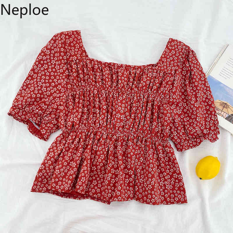 Neploe Women's Blouse Summer Square Collar Short Sleeve Blouses Tops Korean Fashion Clothing Sweet Floral Pleated Ruffled Shirt 210422