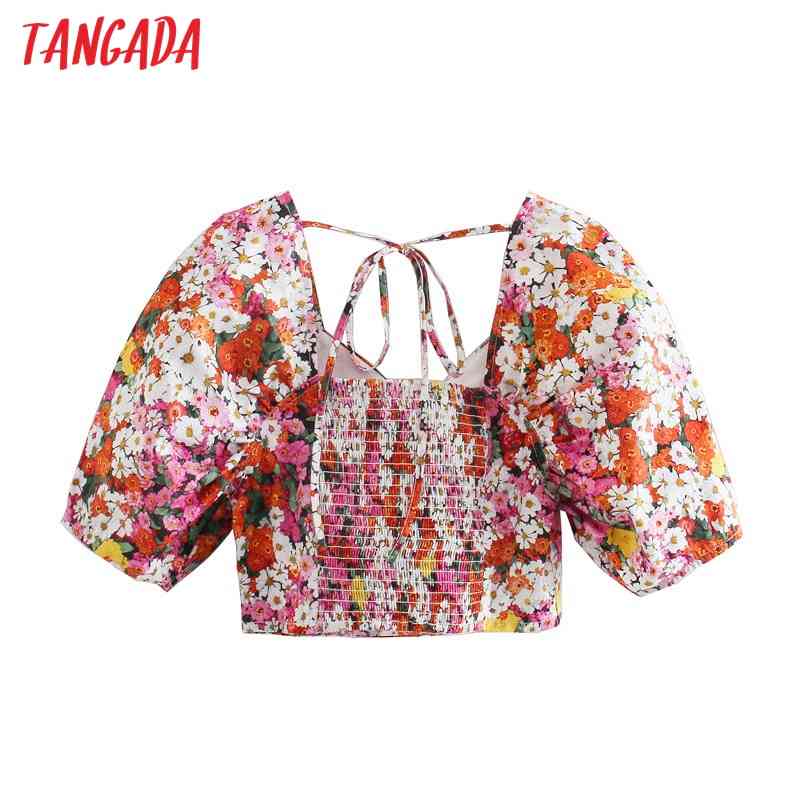 Women Retro Print Crop Short Sleeve Summer Chic Female Sexy Slim Shirt Tops 5Z80 210416