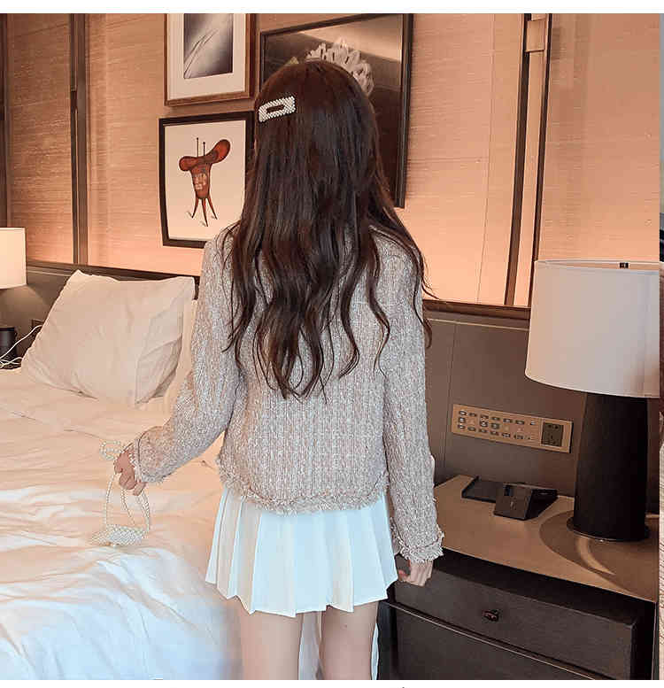 Women Elegant Tweed Outerwear Spring Round Neck Single Breasted Blends Wool Female Long Sleeve Jacket Coat 210519