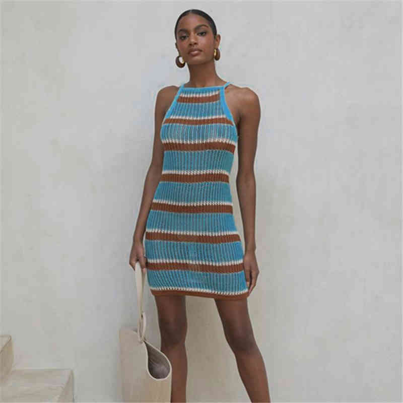 Sexy Striped Bikini Cover-ups Blue Crochet Tunic Elegant Sleeveless Women Summer Dress Beach Wear Swim Suit Cover Up Q1255 210420