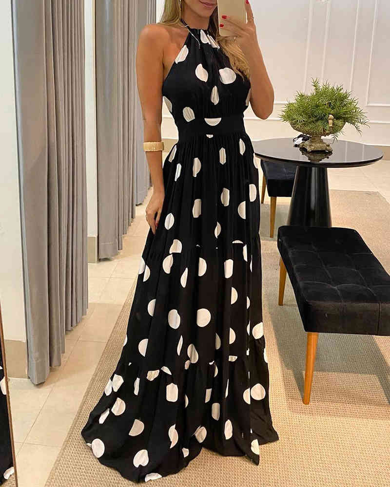 Spring Summer Women Halter Dot Print Maxi Dress New Femme Bohemian Backless Beach Wearing Lady Casual Sleeveless Outfit 210415