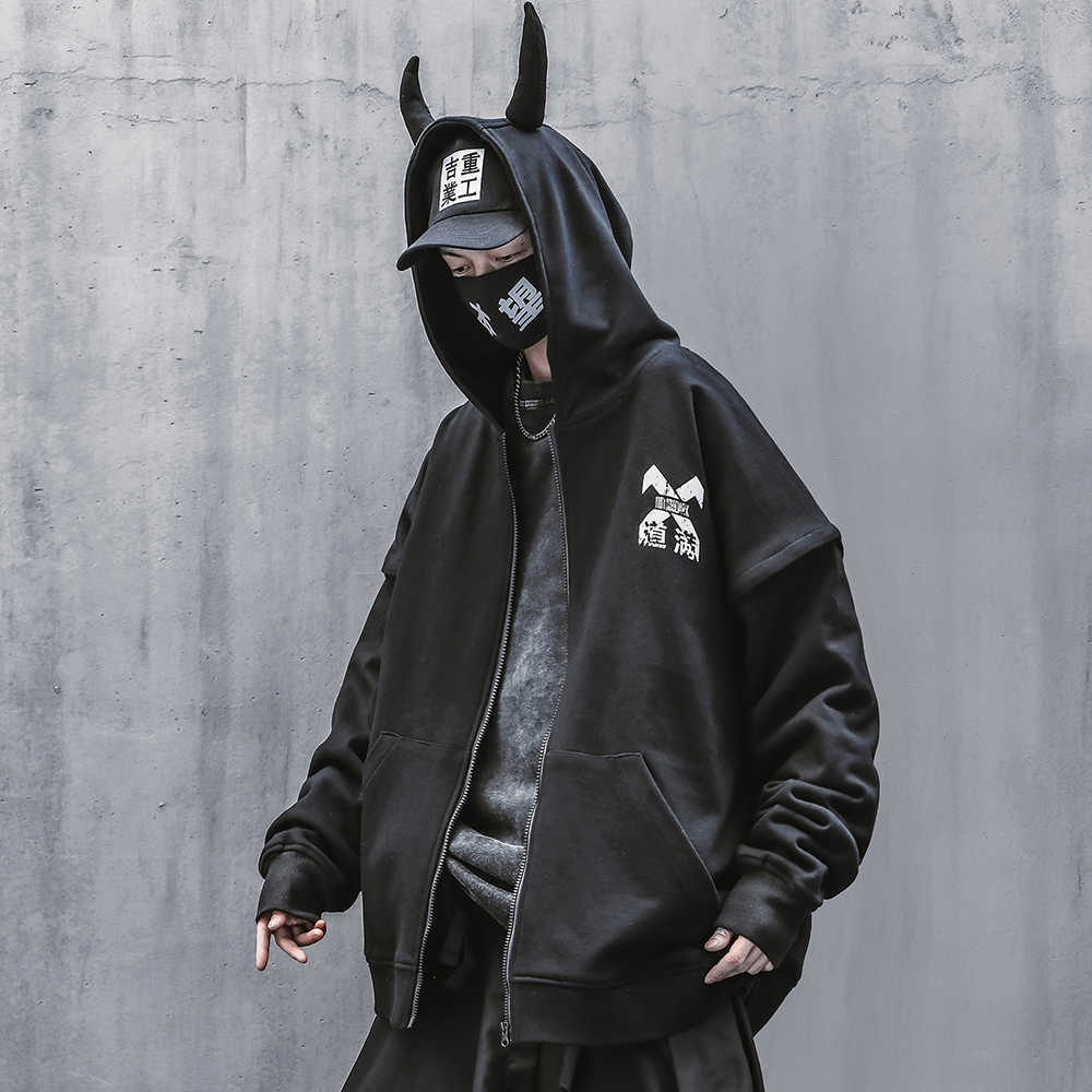 Men Zip Up Hoodie Japanese Streetwear Cotton Fashion Pullover Sweatshirt 210813