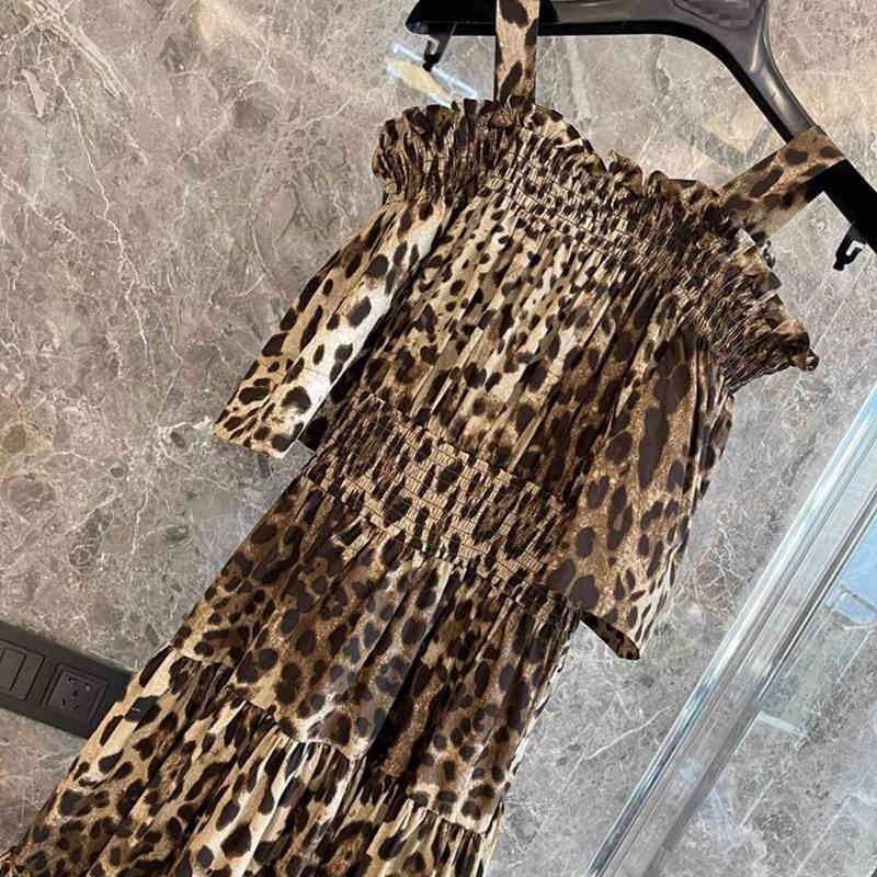 Leopard Print Sling Dress For Women Square Collar Short Sleeve High Waist Sexy Midi Dresses Female Summer 210520