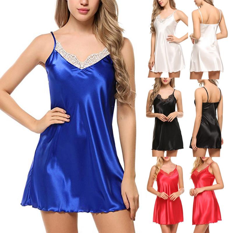 Nouvelle Mode Chaude Sexy Femmes Dentelle Satin Lingerie Sans Manches V Cou De Nuit Nuisette Robe Women's Sleepwear
