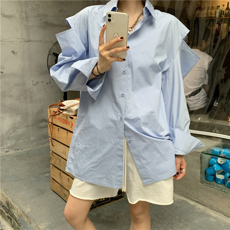 OL Hole All Match Women Blouses Brief Minimalist Full Sleeves Casual Lady Loose Sunscreen Stylish Summer Shirts 210421