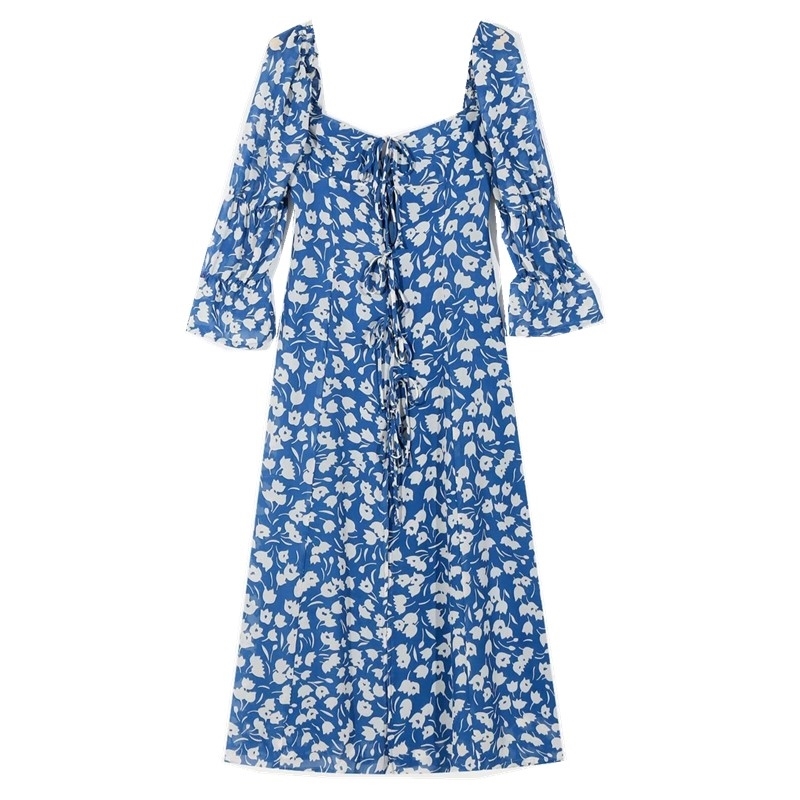 Retro Blue White Floral Print Lacing up 3/4 sleeve Mid Long Slit Dress Woman Vintage French Chiffon Split Dresses Holiday 210429