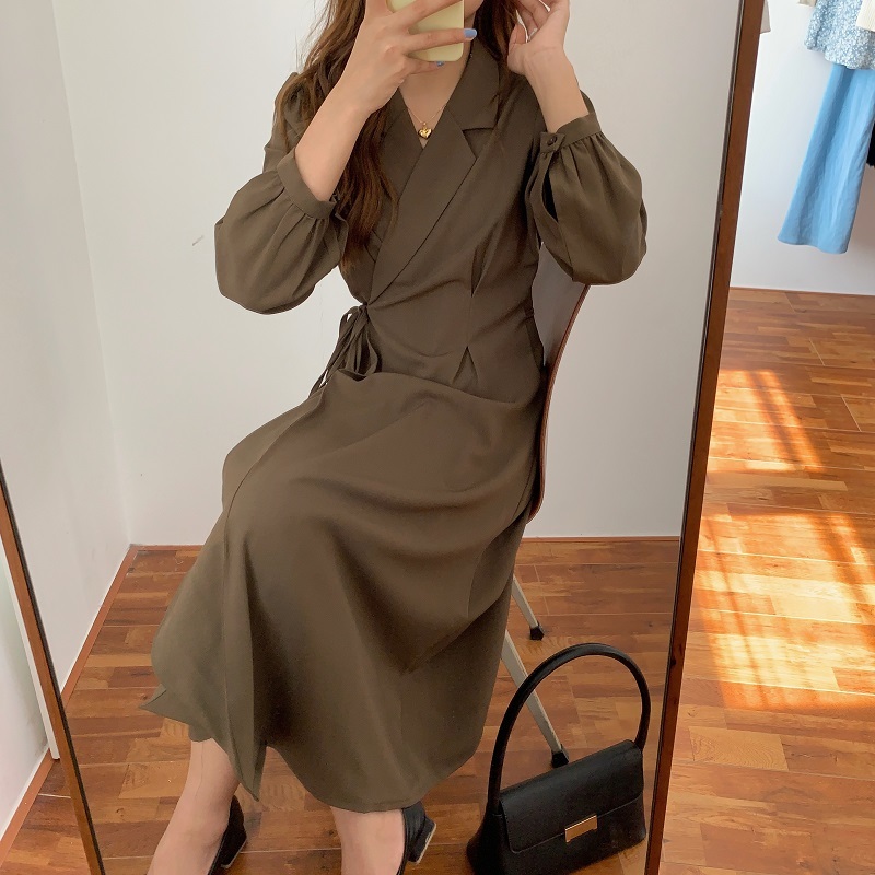 Women Suit Dress Minimalist Autumn Vintage Elegant OL Work Notched Lace-up Long es Female Vestidos 210421