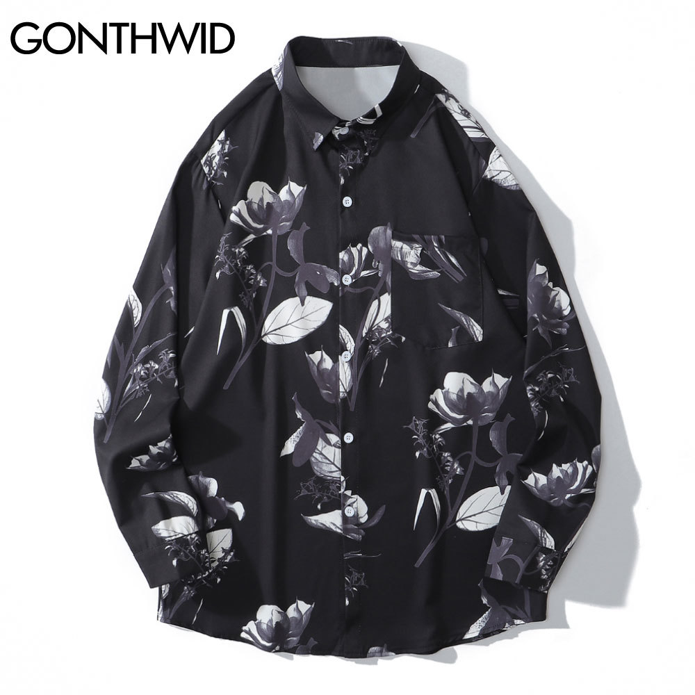 GONTHWID Hawaiian Beach Shirts Graffiti Flowers Print Long Sleeve Button Shirts Hip Hop Casual Harajuku Holiday Party Blouse 210410