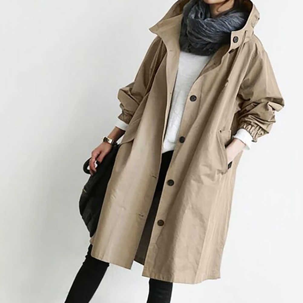 Women Autumn Solid Color Pocket Hooded Windbreaker Long Trench Coat Outerwear Women's Clothing Femme Veste 210820