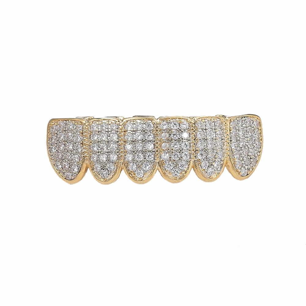 Gold Shiny ICED OUT Teeth Grillz Rhinestone Top&Bottom Grills Set Hip Hop Jewelry