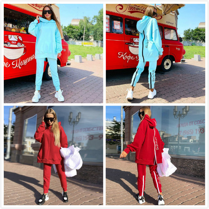 Free Casual zipper Letter Hoodie Sweater Set Women's Pullover & Pants 2-piece Loose Sportswear Spring 210524