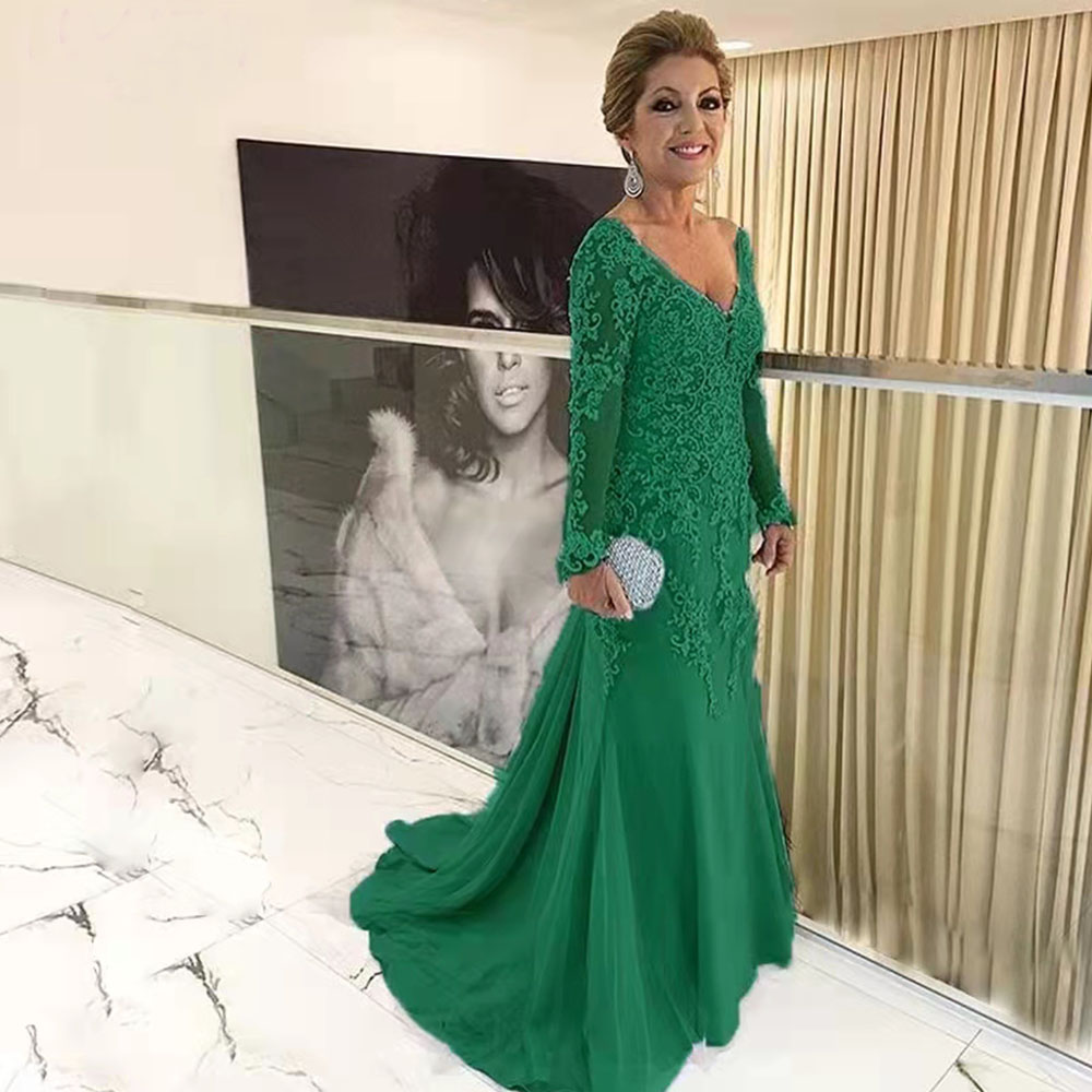 Elegant Lace Long Mother Of The Bride Dresses For Weddings V-Neck Full Sleeve Mermaid Formal Evening Gowns Women Groom Mother's Wedding Party Dre